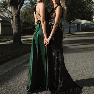 green emerald velvet dress NADINE MERABI LOTTIE WHITE BEADED FRINGE & SEQUINS